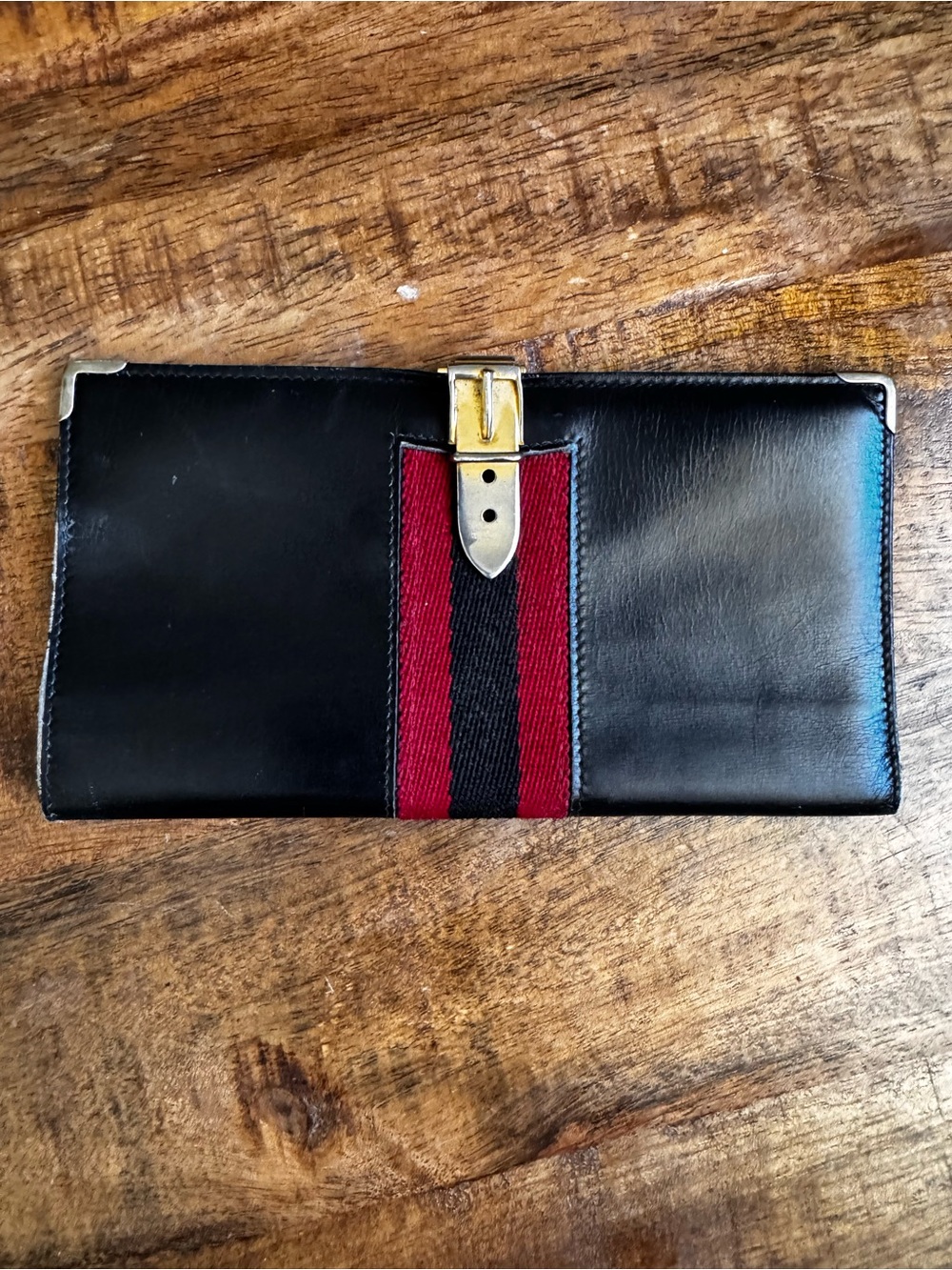 Gucci Black Leather Wallet with Red and Black Web Stripe and Gold Buckle